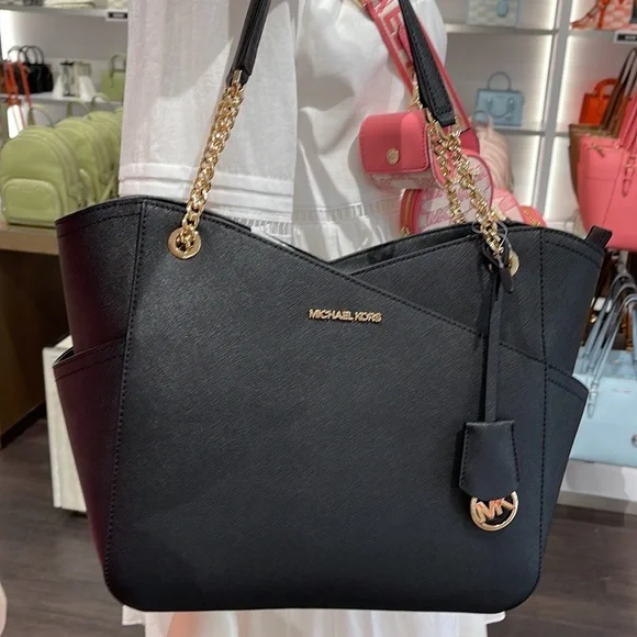 Michael Kors Jet Set Travel Large Chained Tote Shoulder Bag MK Black NWT
